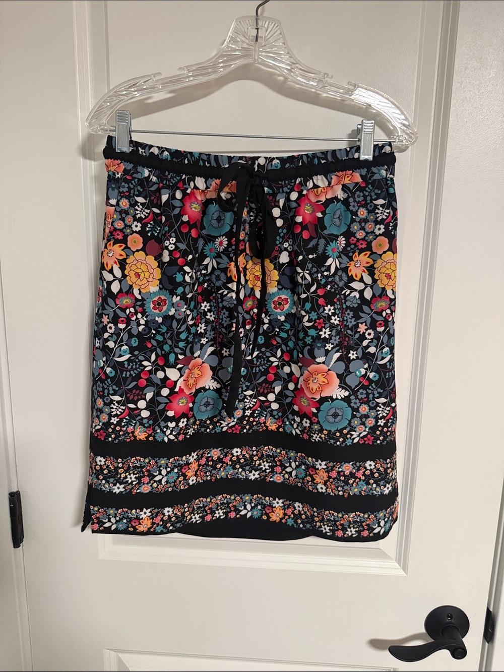 LOFT Black Floral Drawstring Midi Skirt
